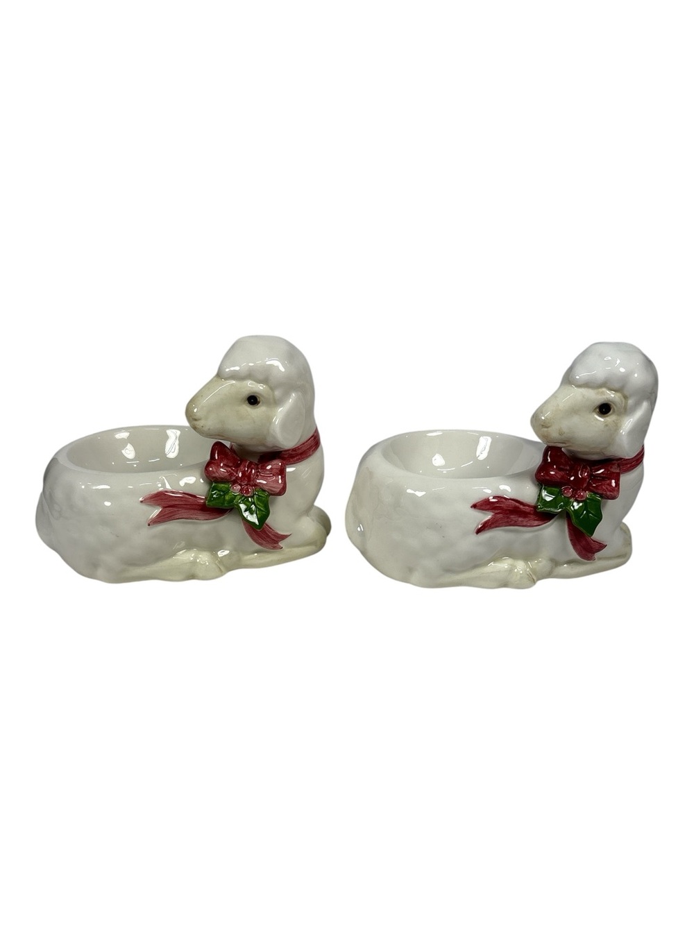 2 Vtg Fitz and Floyd Japan White Lamb Sheep Votive Holder Trinket Dish Christmas